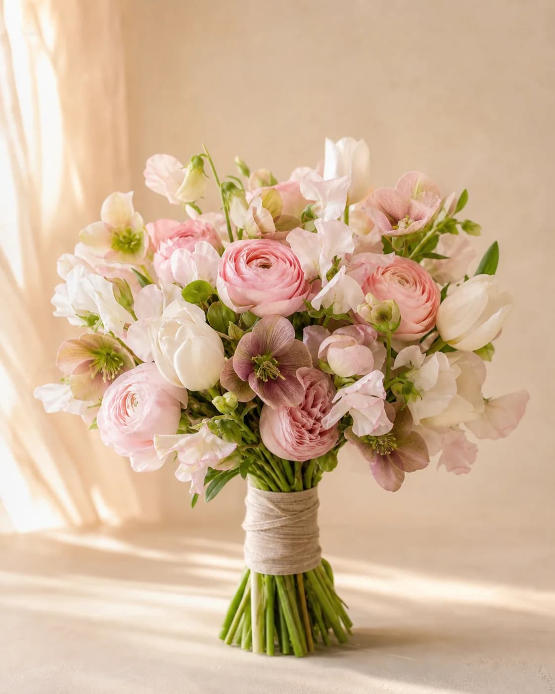 First Light bouquet with blush ranunculus, hellebore, sweet pea, and ivory tulips