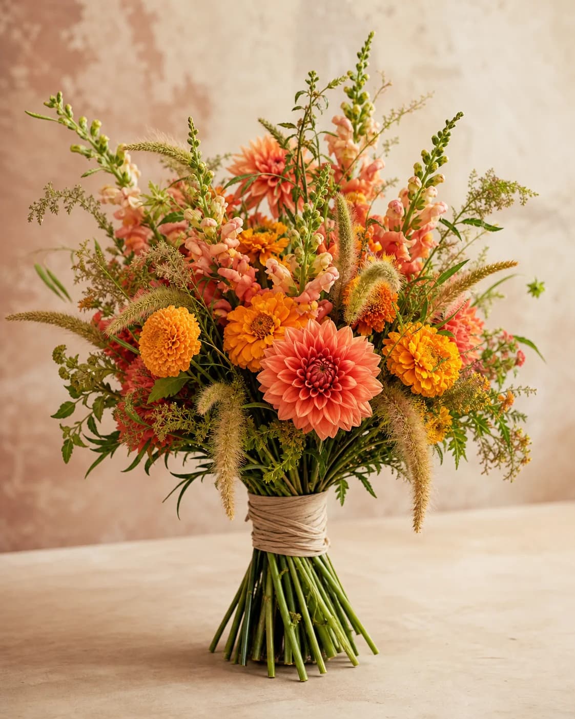Garden Riot bouquet with coral dahlia, marigold, snapdragon, and foxtail grass