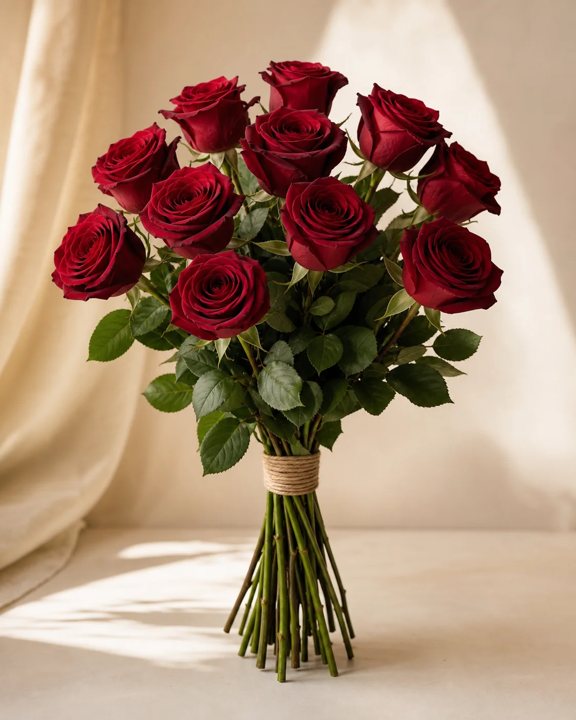 Long Stem No. 12 bouquet with long-stem garnet roses bound in linen twine