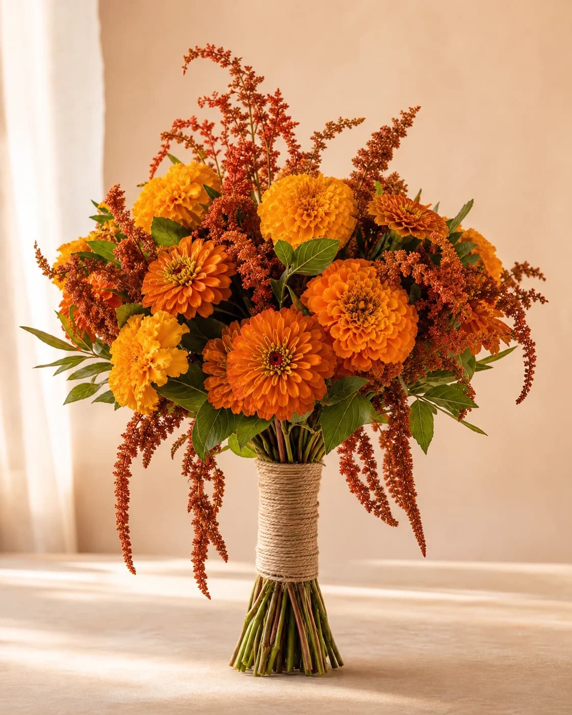 Marigold Sun bouquet with marigolds, butterscotch zinnia, and copper amaranth