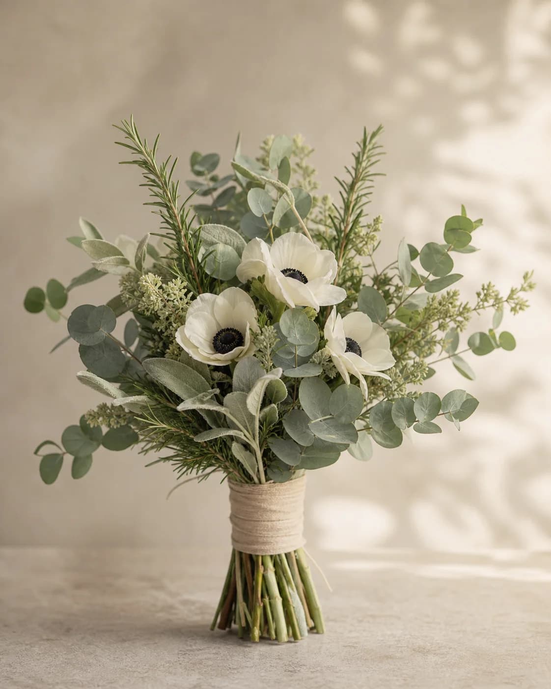 Sage Letter bouquet with white anemones, eucalyptus, rosemary, and pale sage foliage