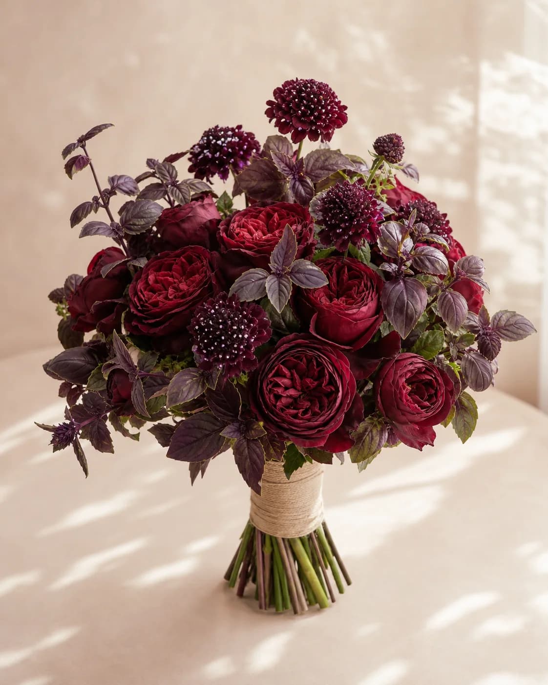 Velvet Posy bouquet with burgundy garden roses, plum scabiosa, and purple basil